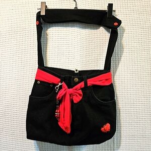Hand Crafted Denim Black and Red Women's Shoulder Bag With Beads And Tie
